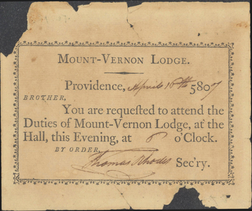 Lodge summons issued by Mount Vernon Lodge, No. 4, 1807 April 10