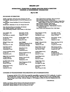 International Foundation for Gender Education Board of Directors and Congress of Transgendered Organizations Mailing List (1994)
