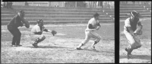 Suffolk University men's baseball team's umpire catcher and batter, 1967
