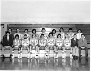 Suffolk University men's basketball team, Chris Tsiotos (#33) is front row, fifth from right, 1975