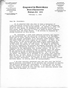 Letter from John Joseph Moakley to President Ronald Reagan urging him not to allow Salvadoran troops to be trained in the United States, 1 February 1982