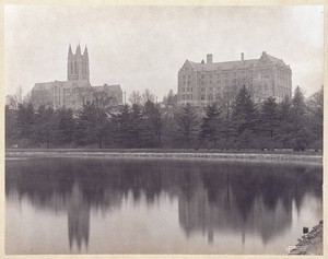 St. Mary's Hall and Gasson Hall from the Lawrence Basin, which was purchased by Boston College in 1948-49 and filled in for the purpose of erecting an athletic stadium in 1951