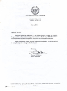 Letter of appreciation from Mayor Menino to Lee Buckley