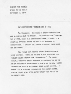 Senator Paul Tsongas speech to the Senate: The Conservation Financing Act of 1979