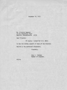 Letter to Ms. Virgini Spencer from Paul E. Tsongas