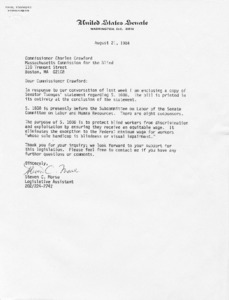 Letter to Commissioner Charles Crawford from Steven C. Morse regarding Tsongas' statement on the Fair Labor Standards Act S.1608