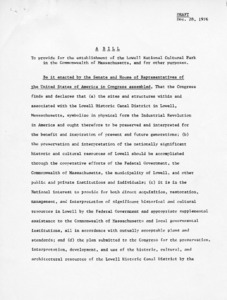 Draft of Bill to provide for the establishment of the Lowell National Cultural Park in the Commonwealth of Massachusetts, and for other purposes