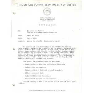 Memo, visits to schools - preliminary report, May 1, 1981.