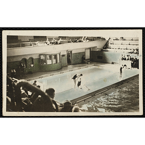 Three swimmers gather poolside at the Harvard University natorium