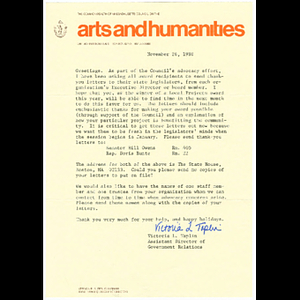 Letter from Victoria Taplin of the Commonwealth of Massachusetts Council on the Arts and Humanities to grant recipients requesting that they thank state legislators for funding