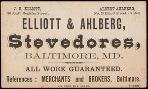 Trade card, Elliott & Ahlberg, stevedores, Baltimore, Maryland
