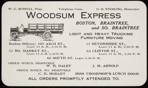 Trade card for the Woodsum Express, Boston, Braintree and So. Braintree, 105 Arch Street, Boston, Mass., undated