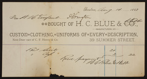 Billhead for H.C. Blue & Co., custom clothing, uniforms, 39 Summer Street, Boston, Mass., dated August 14, 1883
