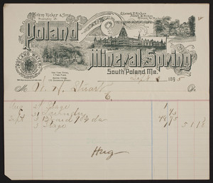Billhead for Poland Mineral Spring, Poland Water, Hiram Ricker & Sons, South Poland, Maine, September 3, 1895