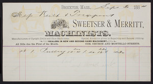 Billhead for Sweetser & Merritt, machinists, corner Church and Montello Streets, Brockton, Mass., dated September 30, 1884