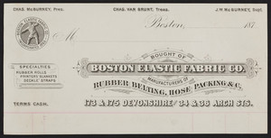 Billheads for the Boston Elastic Fabric Company, manufacturers of rubber belting, hose packing, 173 & 175 Devonshire and 34 & 36 Arch Streets, Boston, Mass., 1870s