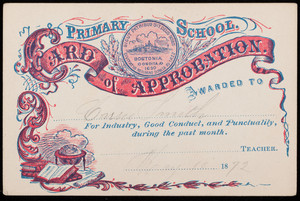 Primary school card of approbation awarded to Carrie Smith for industry, good conduct and punctuality, during the past month, teacher, location unknown