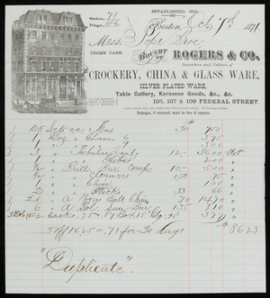 Billhead for Rogers & Co., importers and jobbers of crockery, china & glass ware, 105, 107 & 109 Federal Street, Boston, Mass., dated October 7, 1871