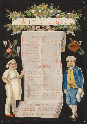 Trade card for Jacob Wirth, wine list, 37 & 39 Eliot Street, Boston, Mass., undated