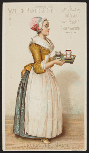 Trade card for Walter Baker & Co's. chocolate, broma and cocoa preparations, Dorchester, Mass., undated