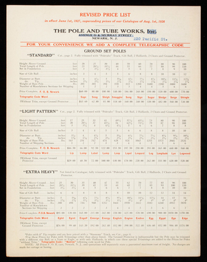 Revised price list, circular "F," flagpole designs, The Pole & Tube Works, Inc., 230 Pacific Street, Newark, New Jersey