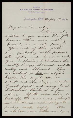 [Bernard R.] Green to Thomas Lincoln Casey, September 10, 1891