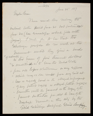 Thomas Lincoln Casey to Bernard R. Green, June 25, 1887 (copy)