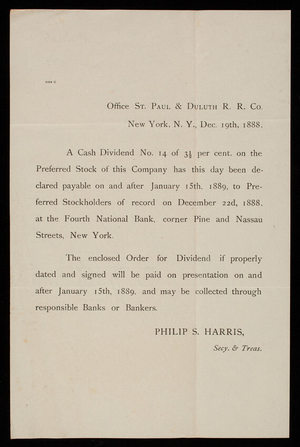 Philip S. Harris to Thomas Lincoln Casey, December 19, 1888