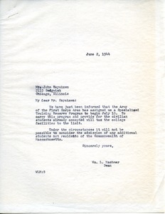 Letter from Massachusetts State College to John Hayakawa