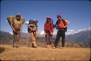 Porter Rai, guide K.P. Kafle, Sandi and Mark Sommer, on trek from Jiri to Shivalaya