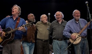 John Sebastian, Josh White, Jr., Peter Yarrow, Tom Paxton, and Pete Seeger performing at the George Wein tribute, Symphony Space, New York City