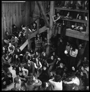 Communal meeting inside the Brotherhood of the Spirit dormitory in Warwick, Mass.