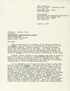 Letter from Judi Chamberlin and Sally Zinman to William A. Anthony