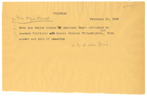 Telegram from W. E. B. Du Bois to Hazel Branch