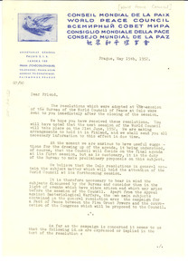 Circular letter from World Peace Council to W. E. B. Du Bois