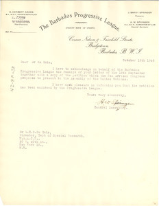 Letter from Barbados Progressive League to W. E. B. Du Bois