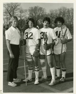 Coach Dennis Kayser with lacrosse team captains (1980)