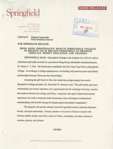 News Release announcing establishment of Fok Fund, August 30, 1994