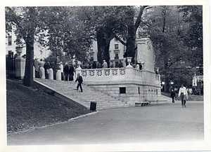 People facing Beacon Street around the Robert Gould Shaw and Massachusetts 54th Regiment Memorial, Boston Common