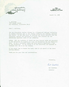 Letter from Bet Power to Lou Sullivan (August 31, 1986)