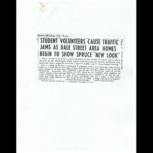 Photocopy of Boston-Roxbury City News article, Student volunteers cause traffic jams as Dale Street area homes begin to show spruce 'new look'