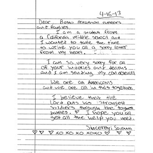 Letter from a student at Canyon Hills Junior High School sent to the City of Boston after the 2013 Boston Marathon bombings (California)