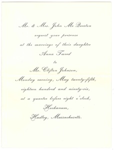 Clifton Johnson and Anna McQueston's wedding invitation, 1896