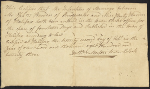 Marriage Intention of Ephraim Harden of Bridgewater, Massachusetts and Hartey Harden, 1823