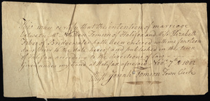 Marriage Intention of Nathan Tomson and Elizabeth Fobes, 1802