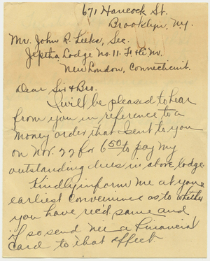 Letter from Garrett Lawson Taylor to Jephtha Lodge, No. 11, about 1918