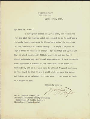 Letter from President William H. Taft to G. Edward Elwell, Jr., 1918 April 17