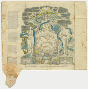 Master Mason certificate issued by Amicable Lodge, No. 36, to Edward M. Griffing, 1819 October 18.
