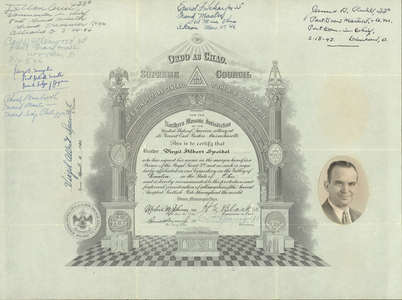 32° traveling certificate issued by the Valley of Canton to Virgil Albert Speidel, 1945 April 6