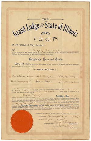 Charter issued by the Grand Lodge of Illinois to West Point Lodge, No. 844, 1895 May 20